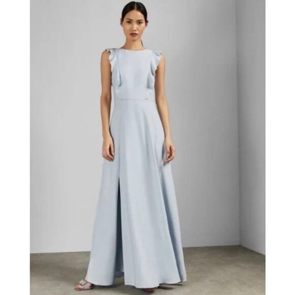 Ted Baker Ardenia Light Blue Ruffle High Slit Maxi Dress Gown - Picture 1 of 12